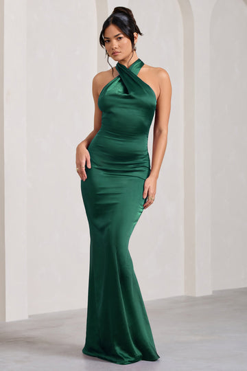 Unstoppable Bottle Green Satin Cross Over Halterneck Maxi Dress